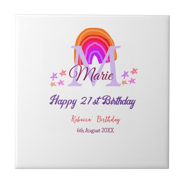 Happy 21st Birthday pink add name monogram rainbow Tile (Front)