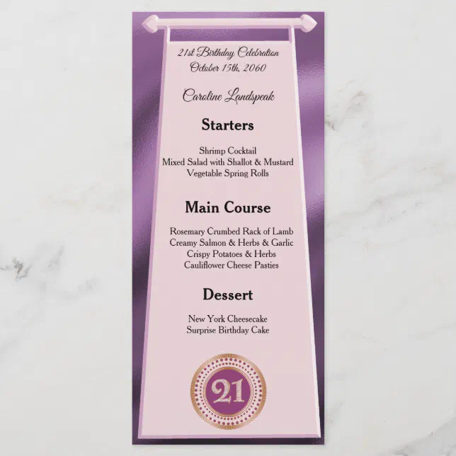 Happy 21st Birthday Rose Gold Glitter Foil Menu | Zazzle