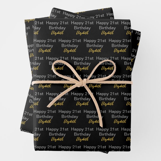 Happy 21st Birthday Script Name Black White Gold Wrapping Paper Sheet (In situ)