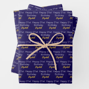 Happy 21st Birthday Script Name Dark Blue Gold Wrapping Paper Sheet