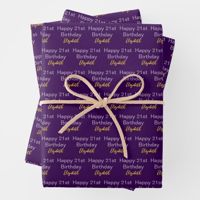 Happy 21st Birthday Script Name Dark Purple Gold Wrapping Paper Sheet (In situ)