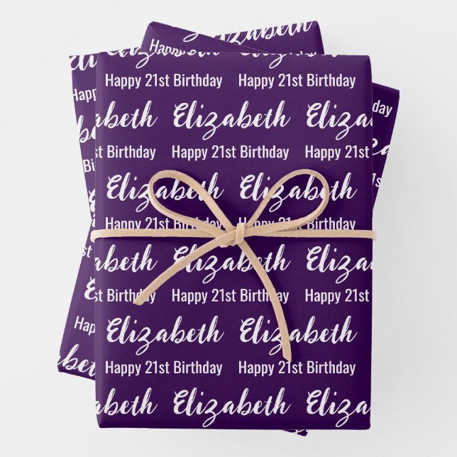 Happy 21st Birthday Script Name Dark Purple White Wrapping Paper Sheet (In situ)