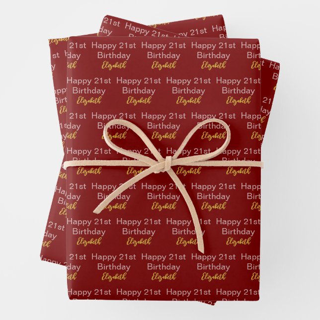 Happy 21st Birthday Script Name Deep Red Gold Wrapping Paper Sheet (In situ)