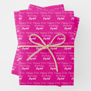 Happy 21st Birthday Script Name Hot Pink and White Wrapping Paper Sheet