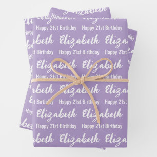 Happy 21st Birthday Script Name Pale Purple White Wrapping Paper Sheet