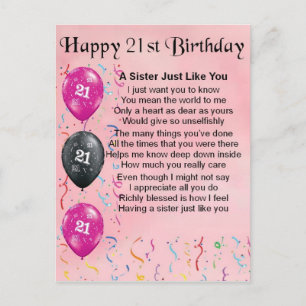 Happy 21st Birthday - Sister Poem Postcard