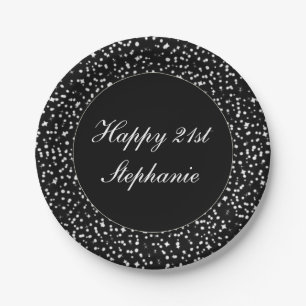 Happy 21st Birthday Sparkle Confetti Black Paper Plate