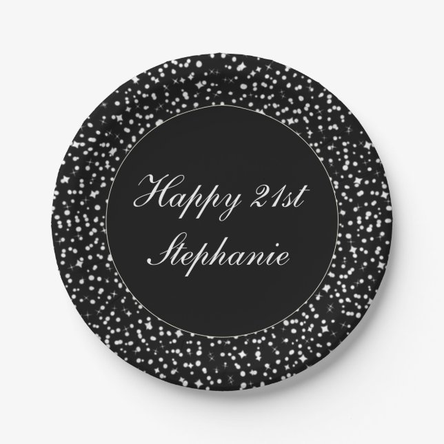 Happy 21st Birthday Sparkle Confetti Black Paper Plate (Front)