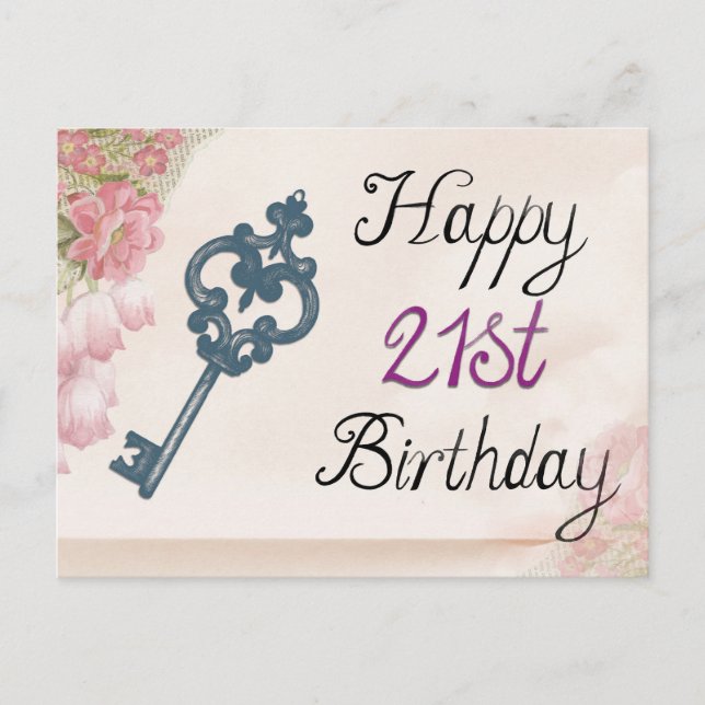 Happy 21st Birthday Victorian Floral Key Postcard (Front)