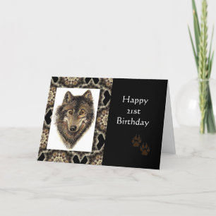 Happy 21st Birthday with Watercolor Wolf Card