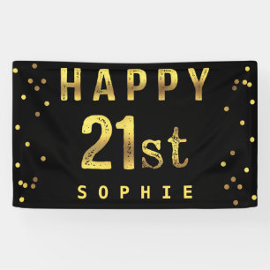 Happy 21st Faux Gold Foil Confetti Black Banner