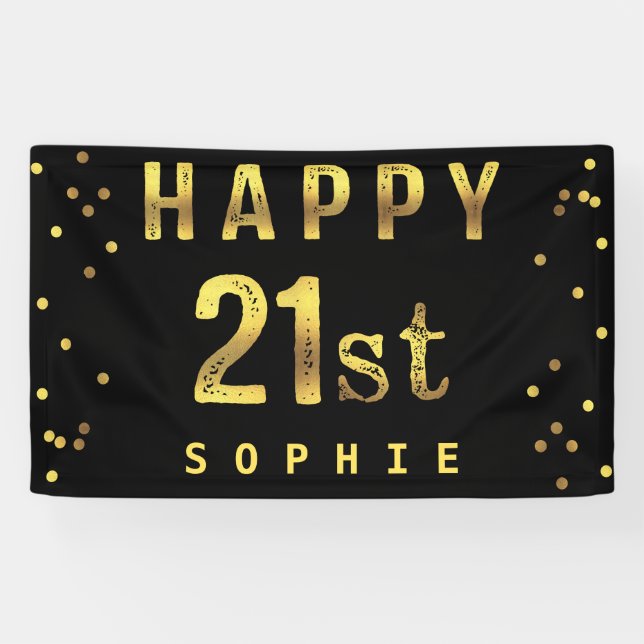 Happy 21st Faux Gold Foil Confetti Black Banner (Horizontal)