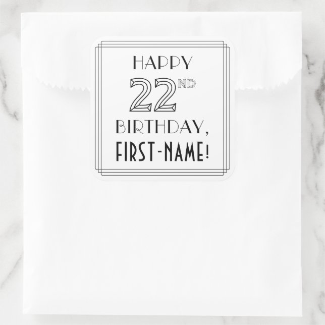HAPPY 22ND BIRTHDAY, Art Deco Style, Custom Name Square Sticker (Bag)