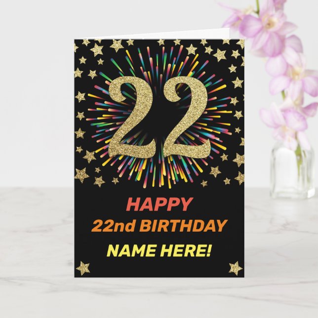 Happy 22nd Birthday Black & Gold Rainbow Firework Card (Orchid)