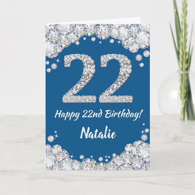 Happy 22nd Birthday Blue and Silver Glitter Card (Front)