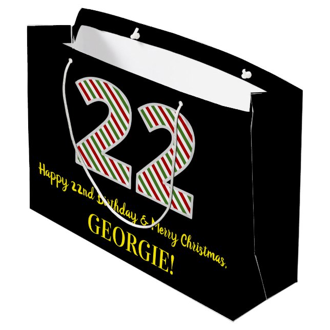 Happy 22nd Birthday & Merry Christmas, Custom Name Large Gift Bag (Back Angled)