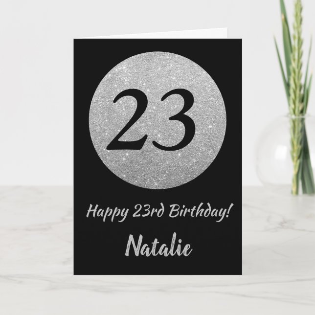Happy 23rd Birthday Black and Silver Glitter Card (Front)