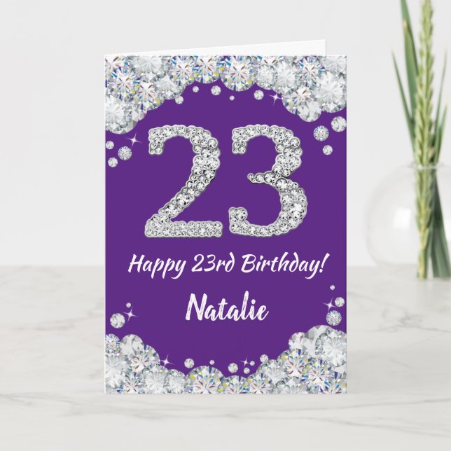 Happy 23rd Birthday Purple and Silver Glitter Card (Front)