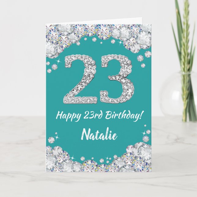 Happy 23rd Birthday Teal and Silver Glitter Card (Front)