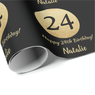 Happy 24th Birthday Black and Gold Glitter Wrapping Paper