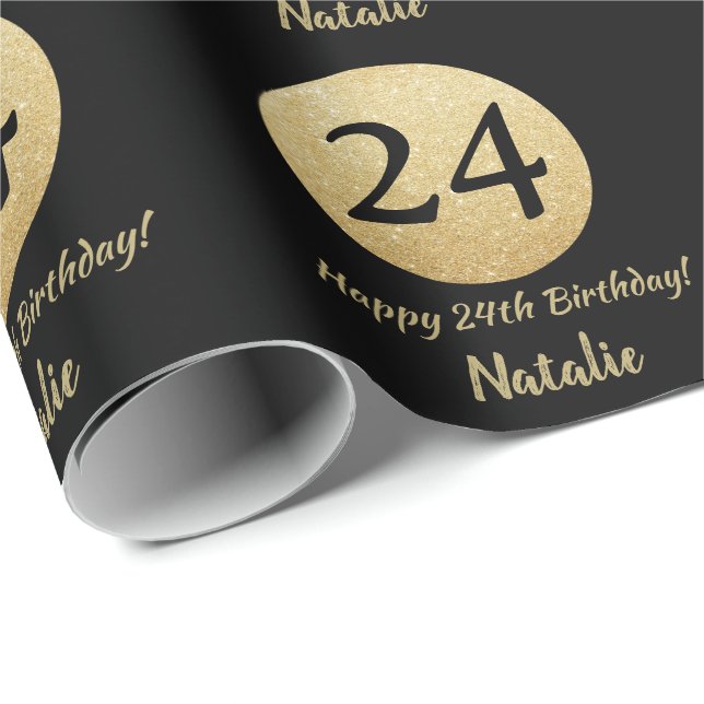 Happy 24th Birthday Black and Gold Glitter Wrapping Paper (Roll Corner)
