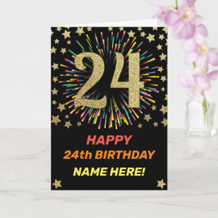 Happy 24th Birthday Black & Gold Rainbow Firework Card