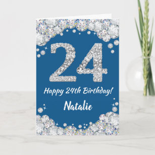 Happy 24th Birthday Blue and Silver Glitter Card