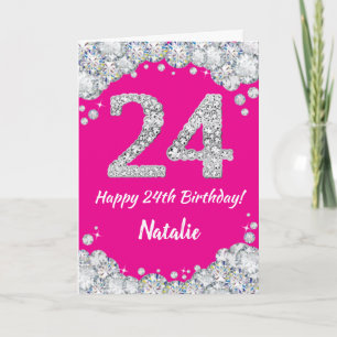 Happy 24th Birthday Hot Pink and Silver Glitter Card