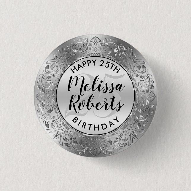 Happy 25 Birthday Shiny Floral Circle 3 Cm Round Badge (Front)