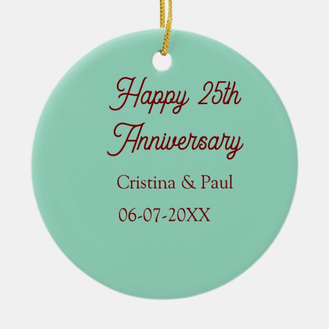 Happy 25th aniversary green mauve pastel boho retr ceramic tree decoration (Front)