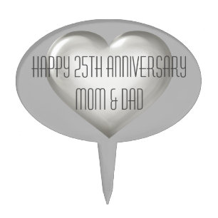 Happy 25th Anniversary Mum & Dad silver glas heart Cake Topper