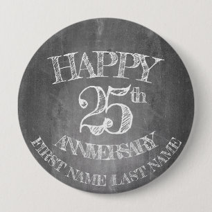 Happy 25th anniversary on chalk board 10 cm round badge