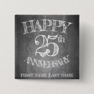 Happy 25th anniversary on chalk board 15 cm square badge