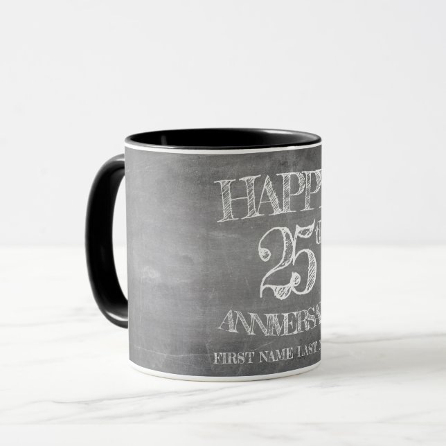 Happy 25th anniversary on chalk board mug (Front Left)