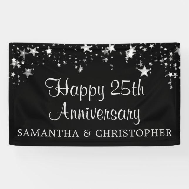 Happy 25th Anniversary Silver Stars Black Names Banner (Horizontal)
