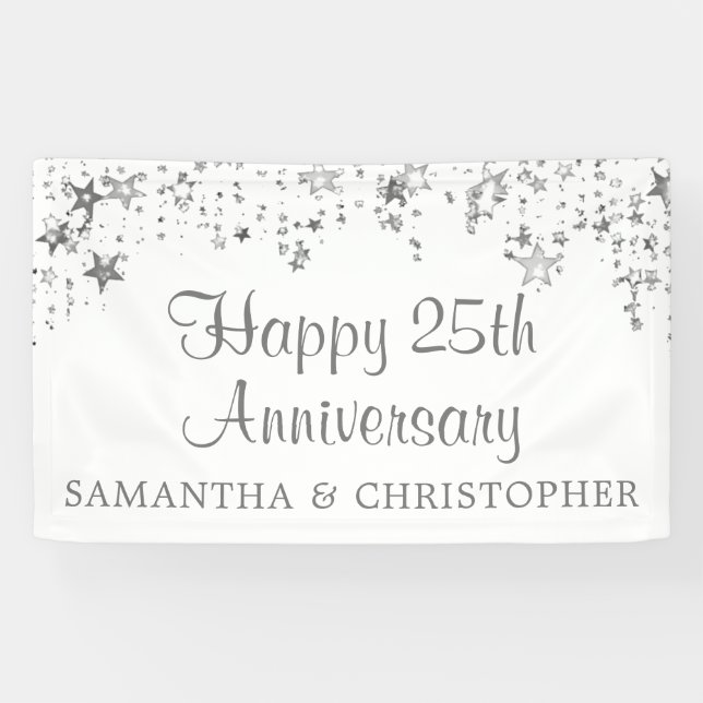 Happy 25th Anniversary Silver Stars Names Banner (Horizontal)