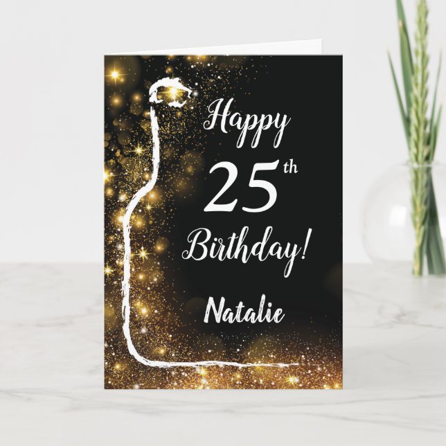 Happy 25th Birthday Black and Gold Glitter Wine Card (Front)