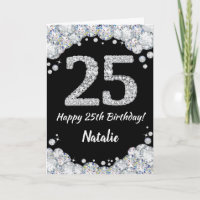 Happy 25th Birthday Black and Silver Glitter Card