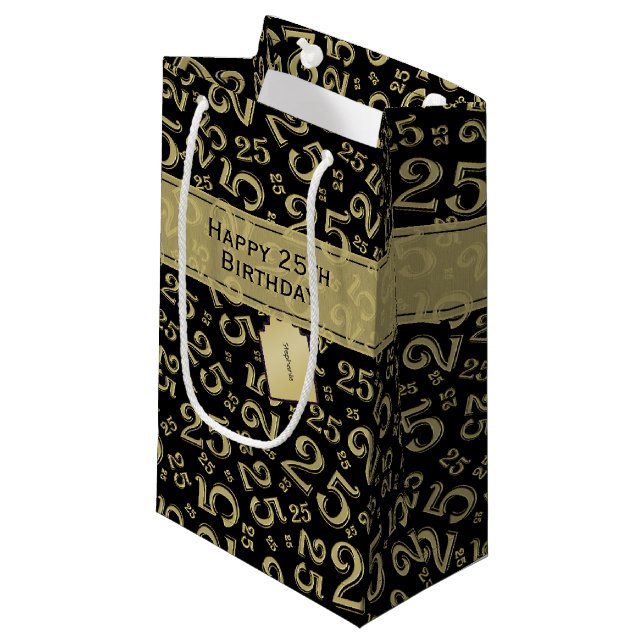 Happy 25th Birthday Black/Gold Number Pattern Small Gift Bag (Front Angled)