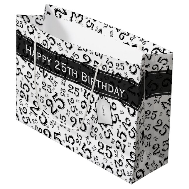  Happy 25th Birthday Black/White Number Pattern Large Gift Bag (Front Angled)
