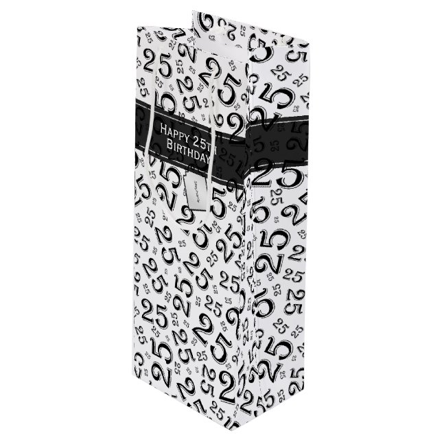  Happy 25th Birthday Black/White Number Pattern Wine Gift Bag (Front Angled)
