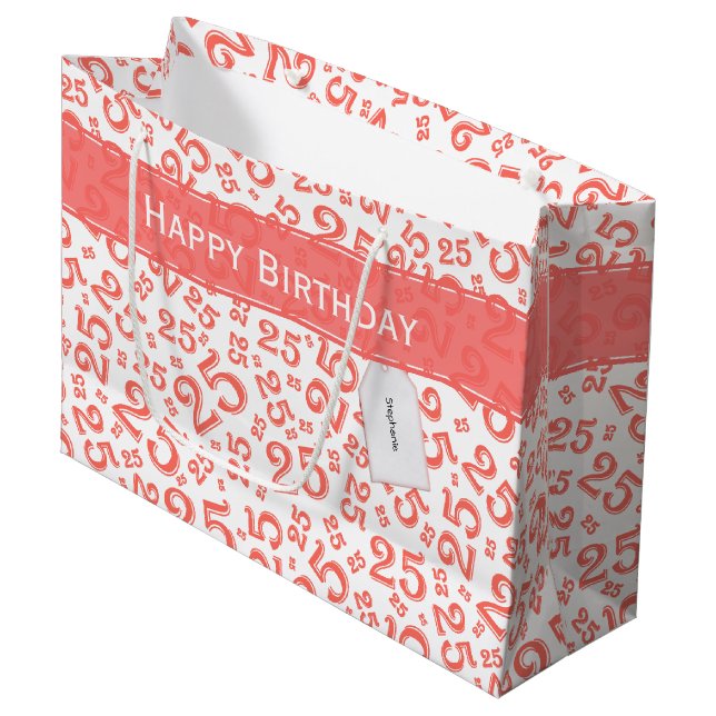  Happy 25th Birthday Ccoral Random Number Pattern Large Gift Bag (Front Angled)