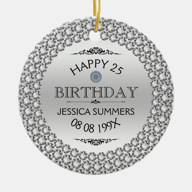 Happy 25th Birthday Diamonds & Silver Ceramic Tree Decoration (Front)