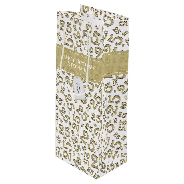 Happy 25th Birthday Gold Random Number Pattern  Wine Gift Bag (Front Angled)