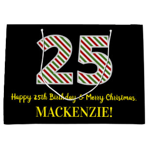 Happy 25th Birthday & Merry Christmas, Custom Name Large Gift Bag