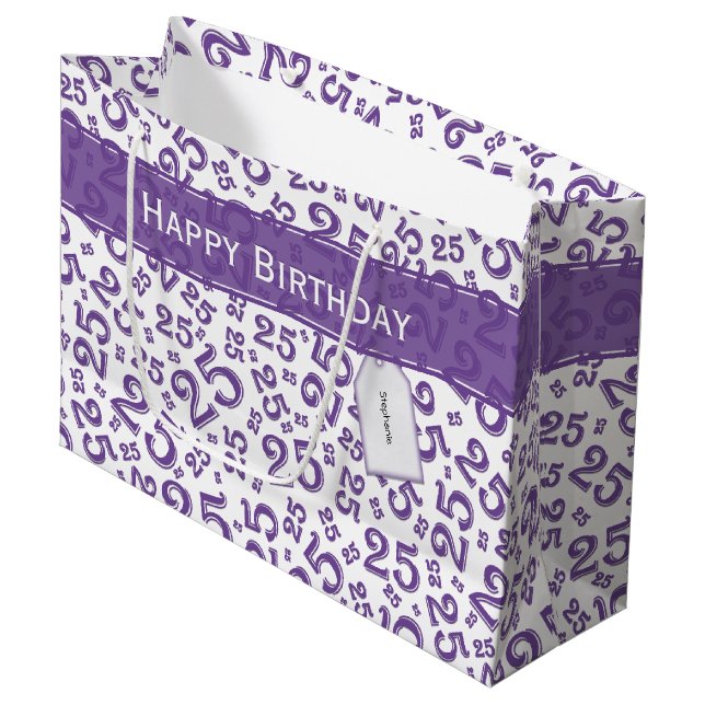  Happy 25th Birthday Purple Random Number Pattern Large Gift Bag (Front Angled)
