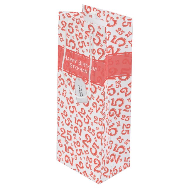 Happy 25th Birthday Random Number Pattern Coral Wine Gift Bag (Front Angled)