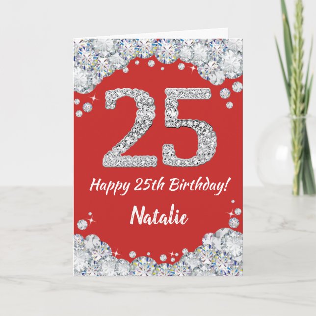 Happy 25th Birthday Red and Silver Glitter Card (Front)