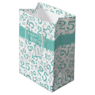  Happy 25th Birthday Teal Random Number Pattern Medium Gift Bag