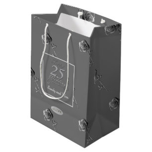 "Happy 25th Wedding Anniversary" 3D Roses on Grey Medium Gift Bag
